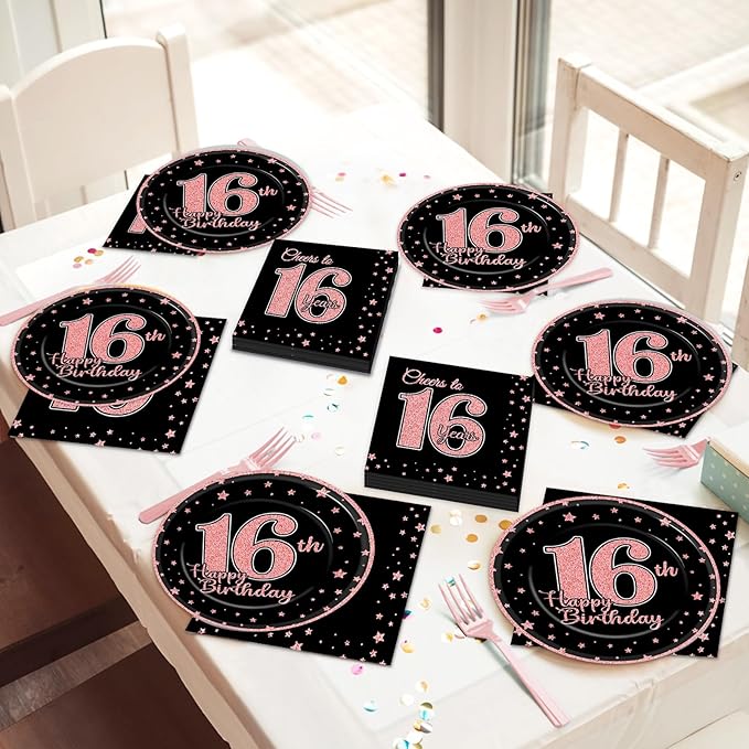96 Pieces Rose Gold 16th Birthday Party Plates Sweet 16th Theme Party Decorations Black Rose Gold Paper Plates and Napkins Pink Birthday Disposable Dessert Tableware Set 16 Years Supplies 24 Guests