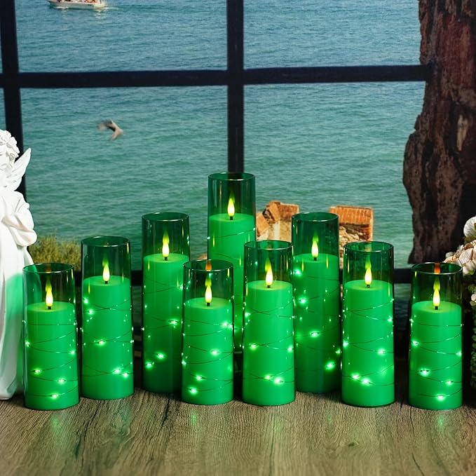 Flickering Flameless LED Candles,Battery Operated Candles 9 Pcs with Embedded Star String,Acrylic LED Pillar Candles with Remote,Suitable for Home Decoration to Create an Atmosphere (Green)