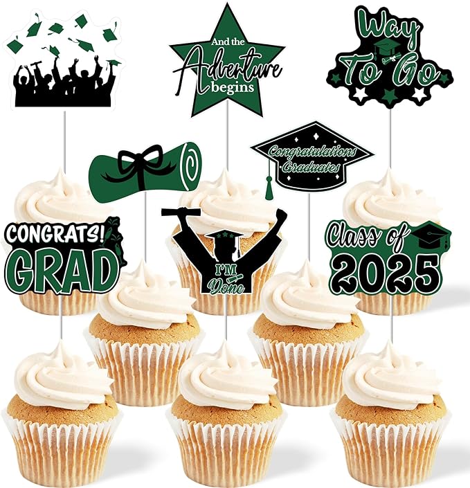 2025 Graduation Cupcake Toppers - 48 Pcs Green Graduation Party Supplies Mini Cake Food/Appetizer Picks For Class of 2025 Grad Decorations