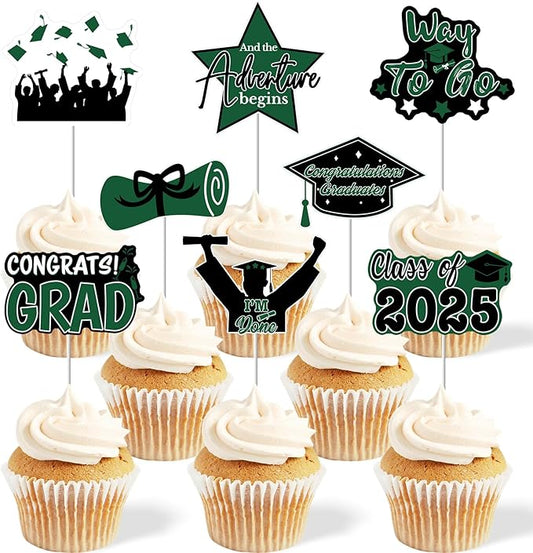2025 Graduation Cupcake Toppers - 48 Pcs Green Graduation Party Supplies Mini Cake Food/Appetizer Picks For Class of 2025 Grad Decorations