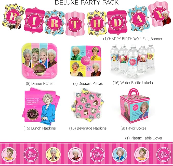 Golden Girls Birthday Party Decorations (Deluxe Pack for 24 Guests) Complete 66-Piece Set with Banner and Table Cover