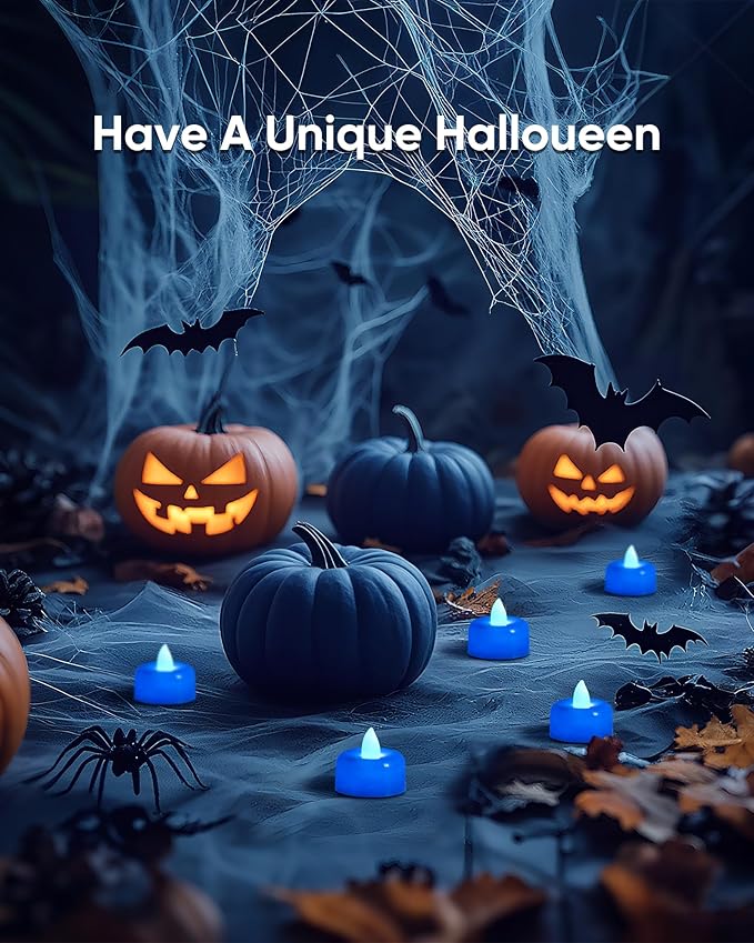 Raycare Blue Battery Operated Tea Lights, 24 Pack Long Lasting Fake Candles, Flameless LED Tea Light, Colored Tealights Candles for Wedding, Table Centerpiece, Party, Halloween, Christmas, Proposal