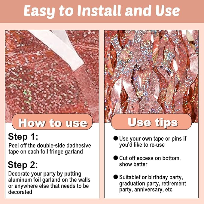 6 Pack 10 Feet Rose Gold Wave Foil Fringe Garland Metallic Tinsel Streamers Banner Wall Hanging Curtain Backdrop for Parade Floats, Mother's Day, Easter, Bachelorette, Wedding Party Decoration