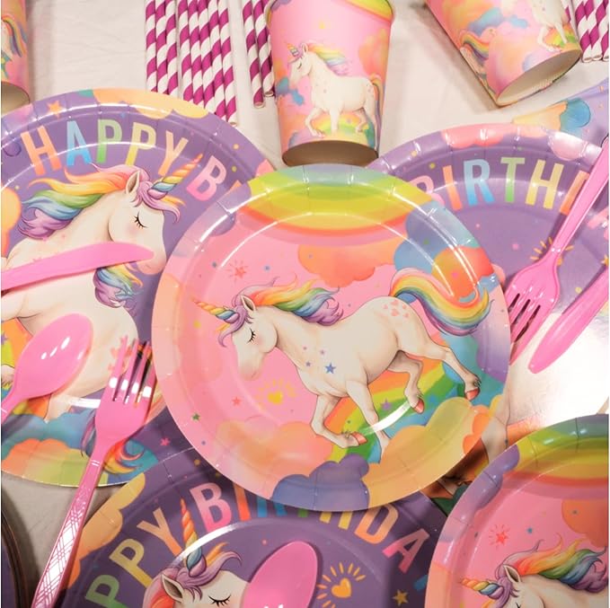 Unicorn Birthday Party Supplies Kit – 146 PCS Unicorn Party Decorations for 24 Guests, Includes Plates, Cups, Napkins, Banner, Cutlery, Tablecloth, Straws – Rainbow Theme for Girls & Boys