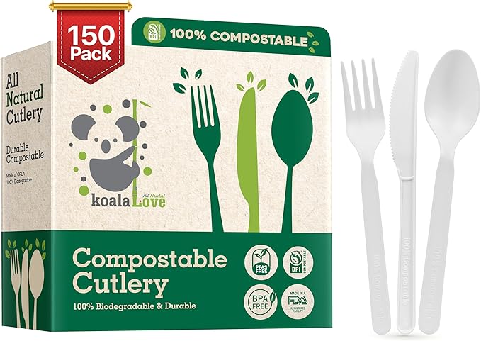 100% Compostable cutlery knives forks spoons 150 Large Disposable Biodegradable Compostable Utensils Durable HeavyDuty Silverware heat resistant alternative to plastic with convenient tray 150pc 7inch