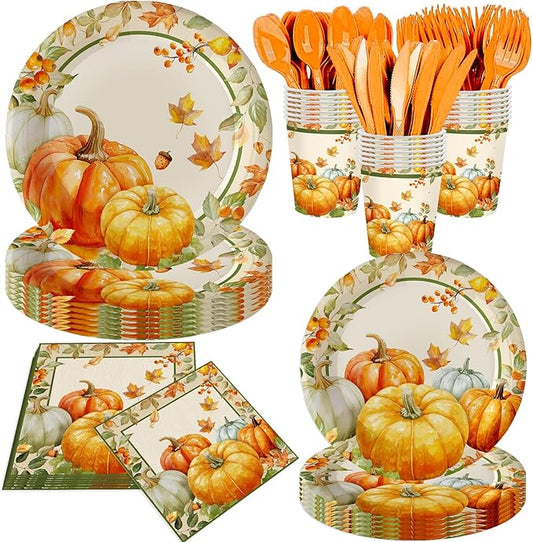 140Pcs Fall Party Supplies Tableware Set Retro Pumpkin Plates and Napkins, Thanksgiving Party Decorations Pumpkin Maple Leaf Paper Plates, Autumn Birthday Party Decor, Serve for 20 Guest