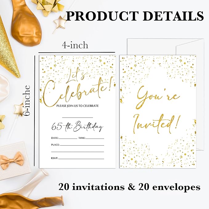 65th Birthday Invitations Cards, 4"x 6" White and Gold Confetti Birthday Party Invites with Envelopes for Party Decorations Supplies(20 Pieces) -D16