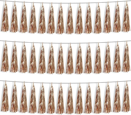 3P Champagne Gold Foil Fringe Metallic Tassel Streamers Banner Tassel Garland for Parade Floats, Bachelorette, Wedding, Birthday, Halloween, Christmas, Bridal/Baby Shower Party Decorations