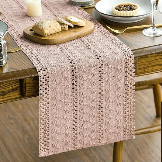 Artoid Mode Pink Farmhouse Woven Rustic Hollow Table Runner, Seasonal Holiday Hollow Kitchen Dining Table Decoration for Home Party Decor 12x60 Inch