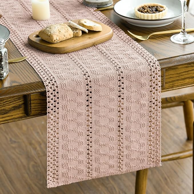 Artoid Mode Pink Farmhouse Woven Rustic Hollow Table Runner, Seasonal Holiday Hollow Kitchen Dining Table Decoration for Home Party Decor 12x120 Inch