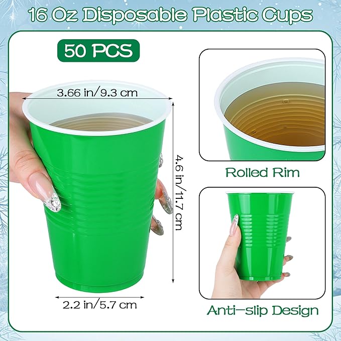 50 Pack 16 Ounce Disposable Plastic Cups Green Plastic Party Cups Heavy Duty Drinking Cup Bulk for Party Christmas Graduation Wedding Birthday Halloween Festival Supplies