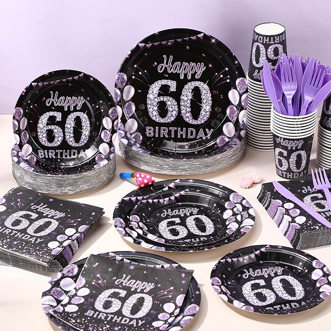 Pickmesh 400 Pcs 60th Birthday Party Supplies Purple Black Happy Birthday Decorations Include Disposable Paper Plates Napkins Cups Cutlery for Men Women Party Decorations Serve 50