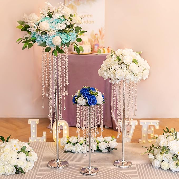 Sziqiqi Silver Tall Vases for Wedding Centerpiece - 29.5in Metal Flower Crystal Centerpieces Stand with Crystal Beads for Event Party Reception Center Piece Floral Arrangements
