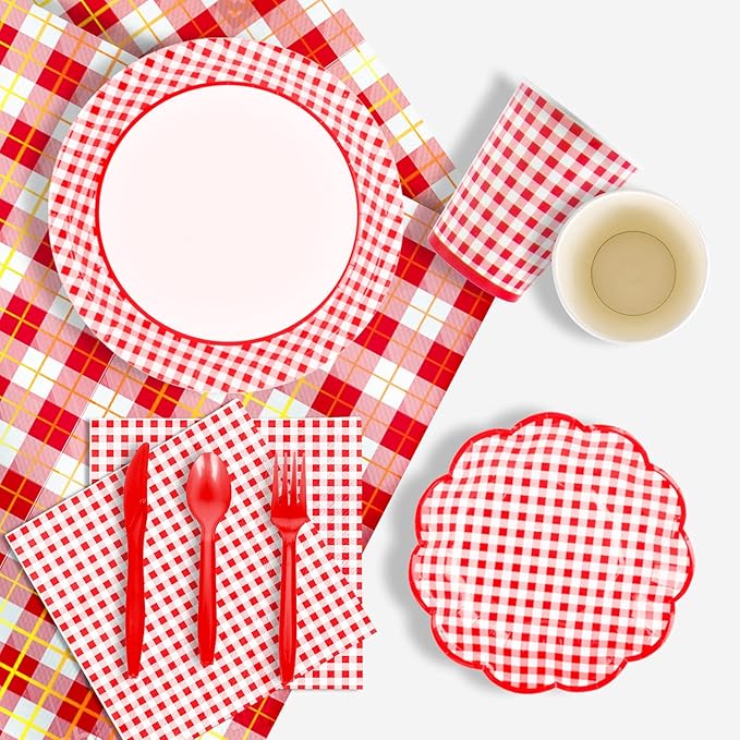 Gatherfun Gingham Red and White Party Supplies Disposable Paper Plates Napkins Cups Knives Spoons Forks Tablecloth Banner for Birthday Party Family Dinner Picnic Barbecue Mother's Day Party, Serve 25