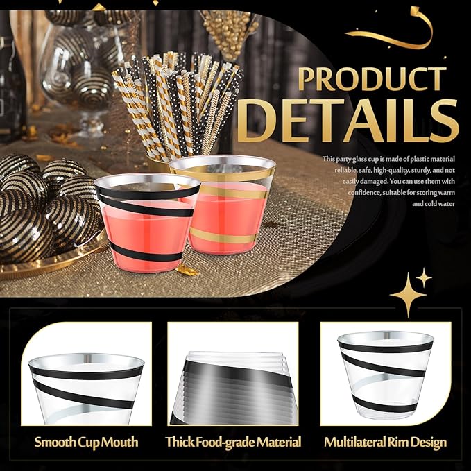 Gejoy 9 oz Rimmed Swirl Plastic Cups Disposable Wine Drinking Cups Clear Elegant Halloween Tumblers for Christmas Party Supplies(Black, Gold,100 Pcs)