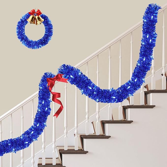 50FT Blue Christmas Tinsel Garland Metallic Twist Xmas Garland for Christmas Tree Decorations Holiday Hanging Garlands for Mantel Staircase Indoor Outdoor Home Office Class Party Holiday Decor