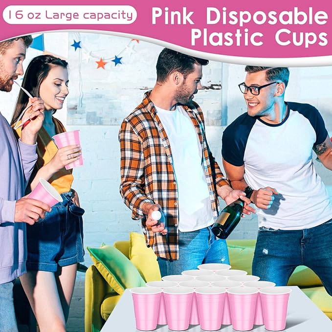 Dualshine 100 Pack 16 oz Pink Plastic Cups, Disposable Plastic Party Cups, Heavy Duty Drinking Water Cup for Wedding Birthday Graduation Valentine's Day Christmas Baby Shower Picnic Barbecues Supplies