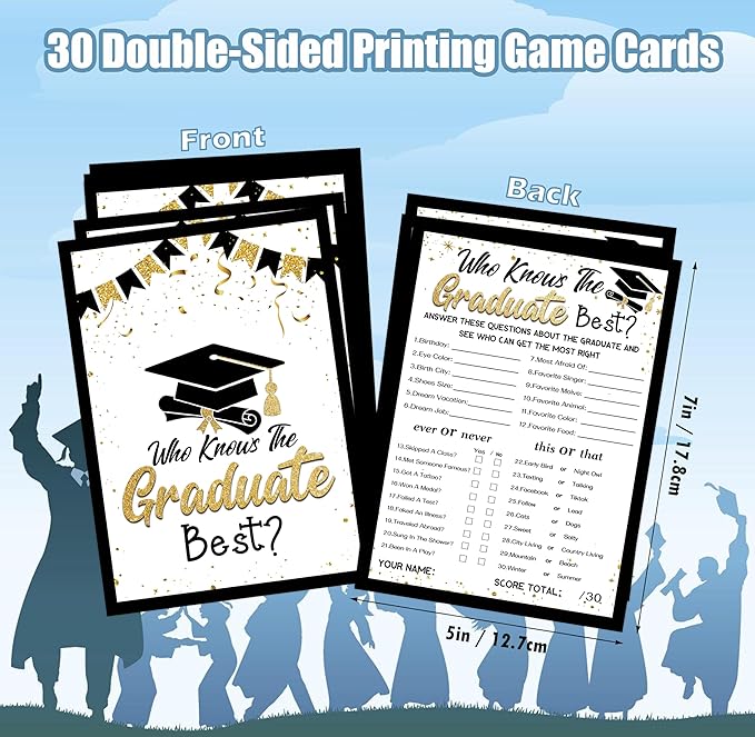 Who Knows The Graduate Best, 30 Black Gold Grad Party Games Cards, Graduation Games 2025 Party Favors, Graduation Party Decorations for Senior High School College University