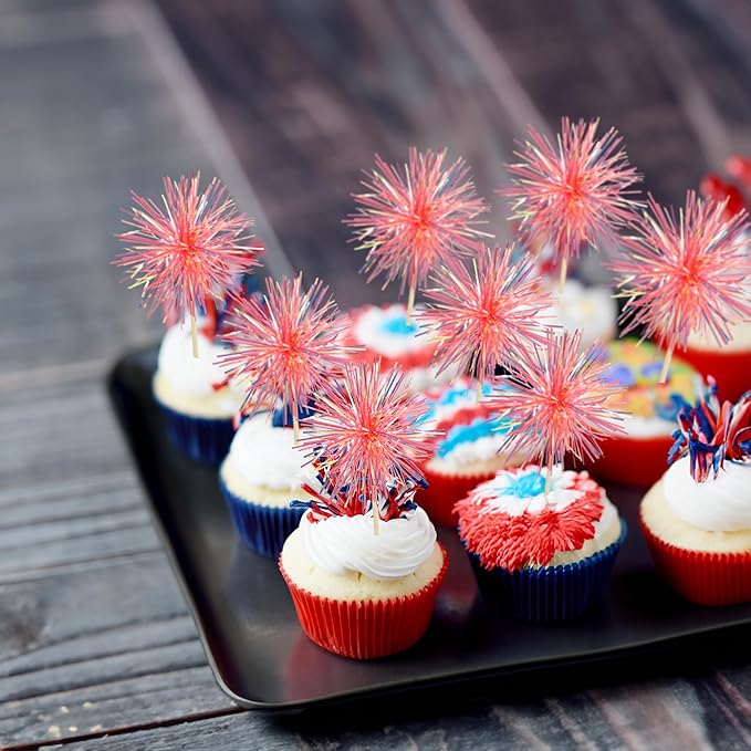 Gyufise 30Pcs Foil Firework Cupcake Toppers Sparkle Tinsel Cake Toppers Tinsel Drink Cake Decoration Cocktail Picks for Birthday Wedding Graduation Party Supplies Laser Orange