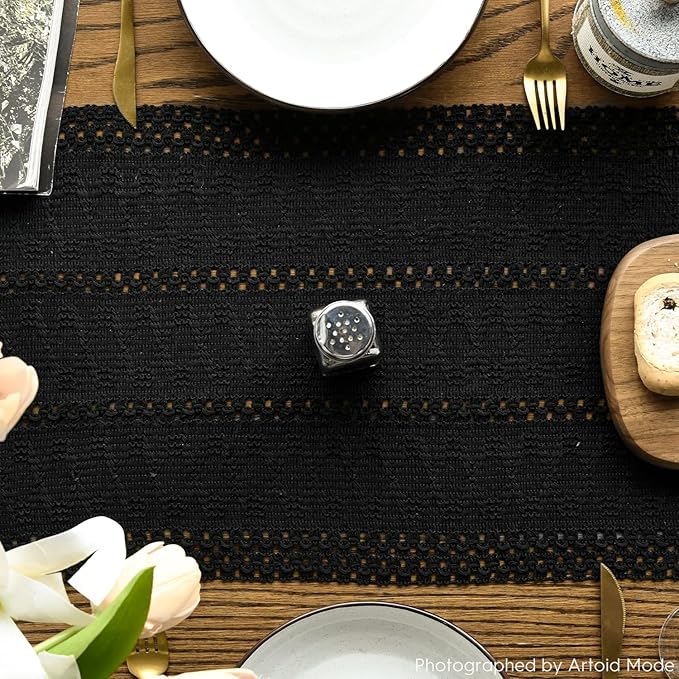 Artoid Mode Black Farmhouse Woven Rustic Hollow Table Runner, Seasonal Holiday Hollow Kitchen Dining Table Decoration for Home Party Decor 12x72 Inch