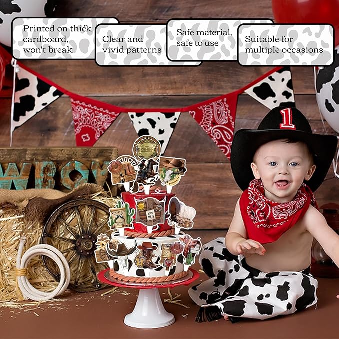24 PCS Western Cowboy Happy Birthday Cupcake Toppers Wild West Theme Party Decorations Cake Decor Cupcak Decorations Cake Decorating Party Supplies Decor for Baby Shower Men Women Boys Girls