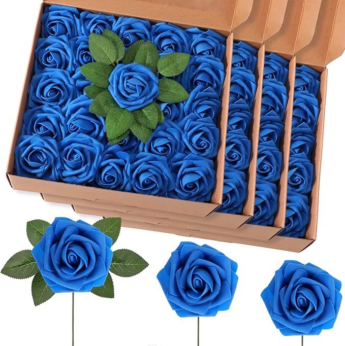 100 Pieces Artificial Foam Rose Flowers Faux Bouquet with Leaves and Stems for DIY Wedding Bouquets Centerpieces Bridal Shower Party Valentine Home Decorations(Royal Blue)