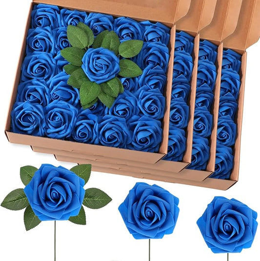 100 Pieces Artificial Foam Rose Flowers Faux Bouquet with Leaves and Stems for DIY Wedding Bouquets Centerpieces Bridal Shower Party Valentine Home Decorations(Royal Blue)