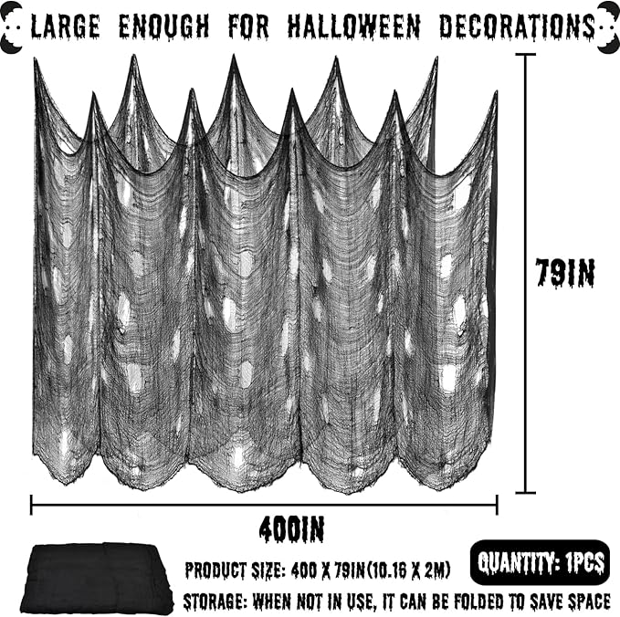 ZeeDix Halloween Black Creepy Cloth 79 x 400in Giant Spooky Cheesecloth Decoration Scary Gauze Cloth for Halloween Party Supplies Haunted Houses Outdoor Yard Home Wall Doorways Decor