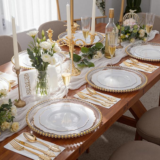 WDF 300 Pieces Gold Plastic Silverware Disposable - Heavy Duty Thanksgiving Plastic Cutlery - Gold Silverware Sets Includes 100 Forks, 100 Spoons, 100 Knives