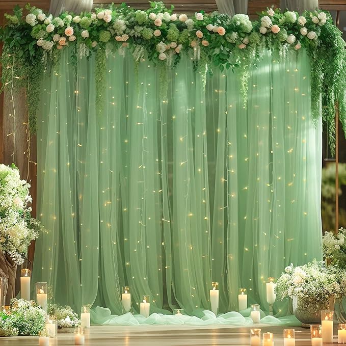 10ft x 8ft Green Backdrop Curtain with Lights String for Parties, Sheer Tulle Wedding Photo Backdrops Drapes for Baby Shower Birthday Party Decorations Background for Photography