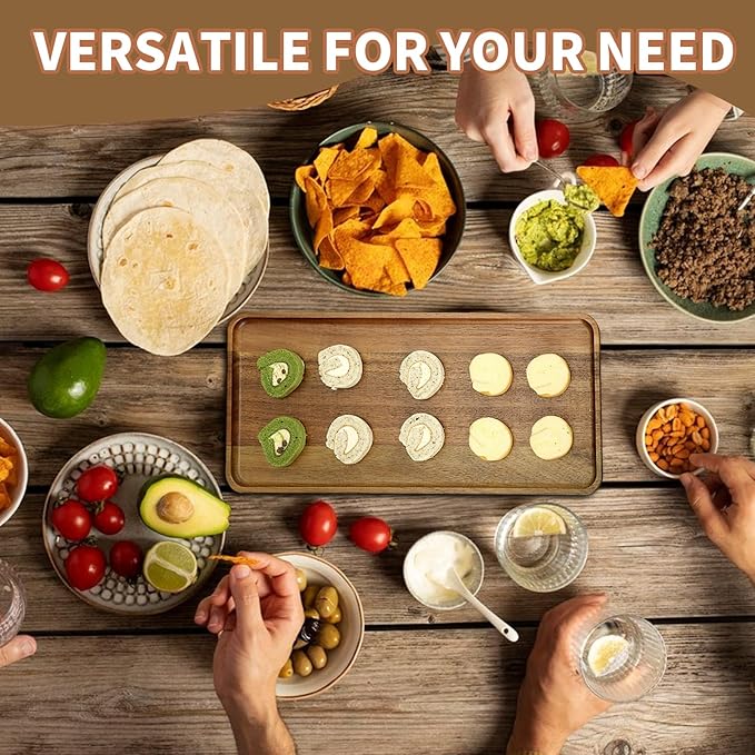 1 pcs 14"x5.3" Solid Acacia Wood Serving Tray Rectangular Wooden Serving Platter Natural Wooden Board for Bar Coffee Party