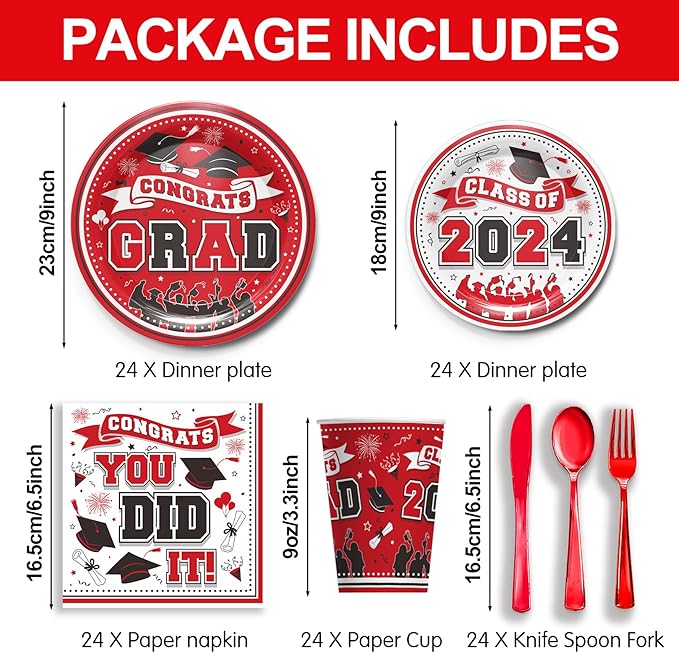 Graduation Decorations Class of 2025 - Red Graduation Party Supplies 2025 Include Plates, Cups, Napkins, Cutlery, 24 Guests