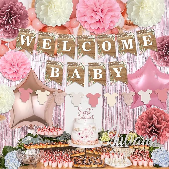 Dusty Pink Baby Shower Decoration, Girl Baby Shower Decor Set with Welcome Baby Banner,Tissue Pom Poms,Sweet Baby-girl Cake Topper,Retro Blush Rosegold Balloon,Boho Baby Gril Shower Party Supplies