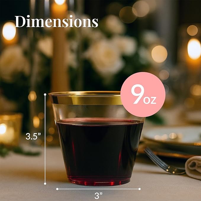 Prestee Hard Disposable Cups - Heavy Duty Fancy Plastic Cups - Plastic Cocktail Drinkware - Disposable Drinking Cup 9 oz - Bulk Drinking Glasses for Wedding - 200ct Gold Tumblers