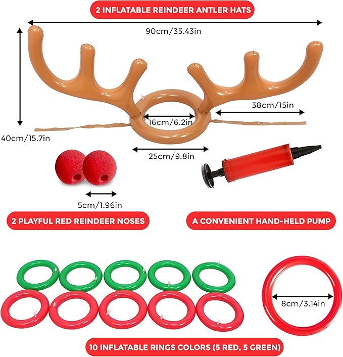 CircleCraft Inflatable Reindeer Antler Ring Toss Game Set – 2025 Christmas Party Games for Families – Includes 2 Antler Hats, 10 Rings, Red Reindeer Noses, and Pump – Perfect for Holiday Fun