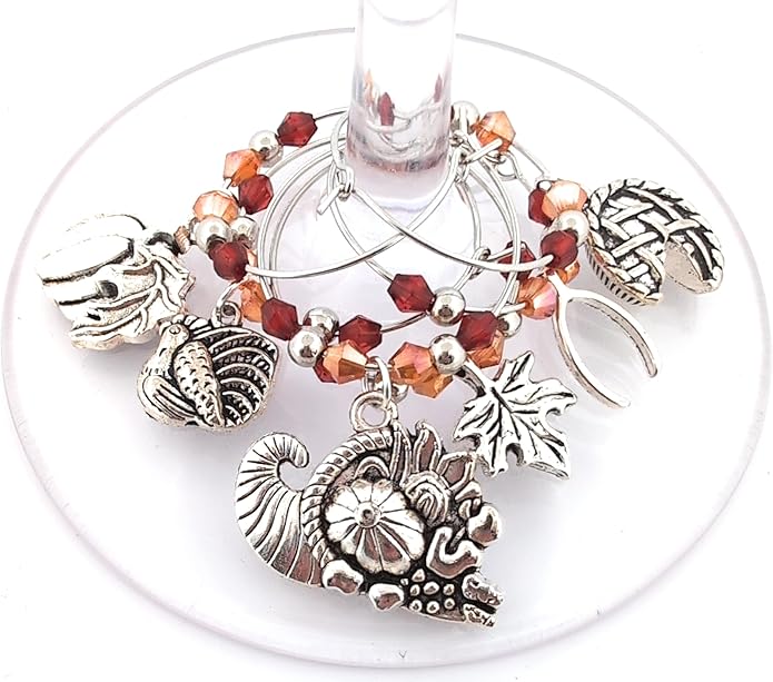 Thanksgiving Wine Charms, Turkey, Leaf, and Pumpkin Wine Charms, Thanksgiving Gifts, Glass Tag Identifier, Cornucopia, Apple Pie, Wishbone, Dinner Party Supplies and Party Favors - 6 Pack