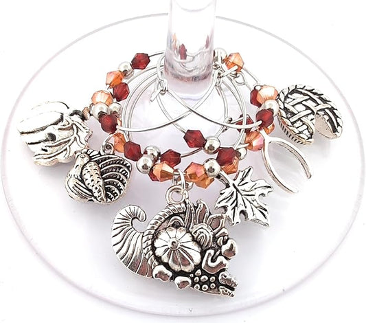 Thanksgiving Wine Charms, Turkey, Leaf, and Pumpkin Wine Charms, Thanksgiving Gifts, Glass Tag Identifier, Cornucopia, Apple Pie, Wishbone, Dinner Party Supplies and Party Favors - 6 Pack