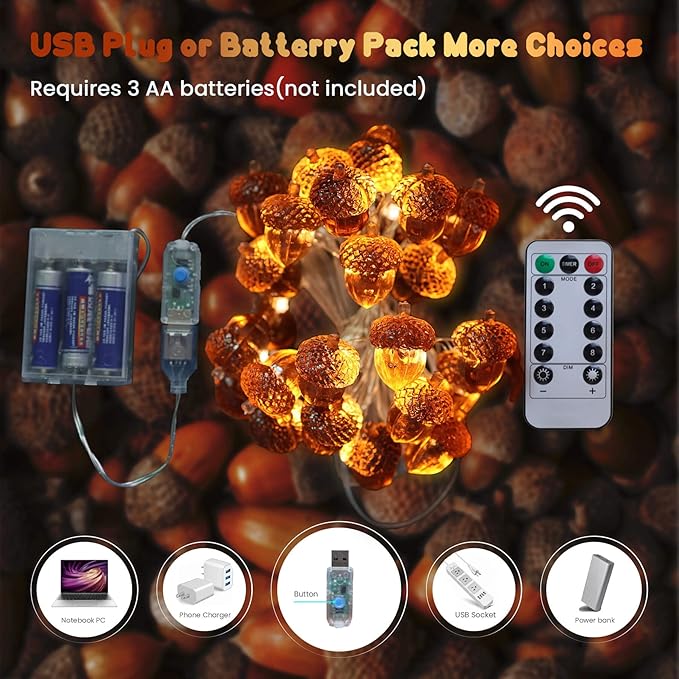 Thanksgiving Acorn Lights Fall Garland Decorative Fairy String Light Cute Novelty Lights 30 LEDs 10 ft USB or Battery Operated for Bedroom Wedding Xmas Harvest Decor