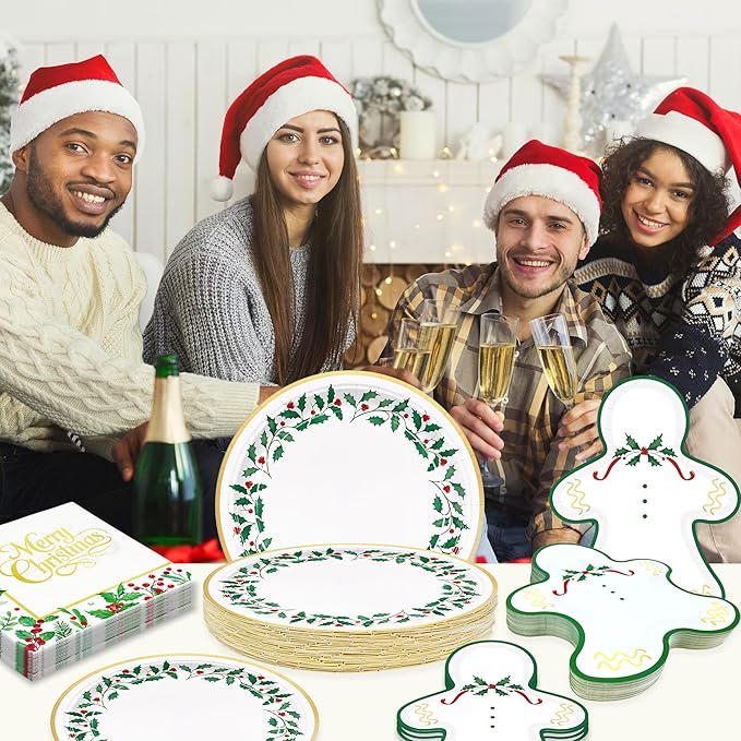 150Pcs Christmas Paper Plates Gingerbread Plates Napkins Disposable Christmas Seasonal Holly Napkins Xmas Holiday Party Supplies Serve 50 Guests