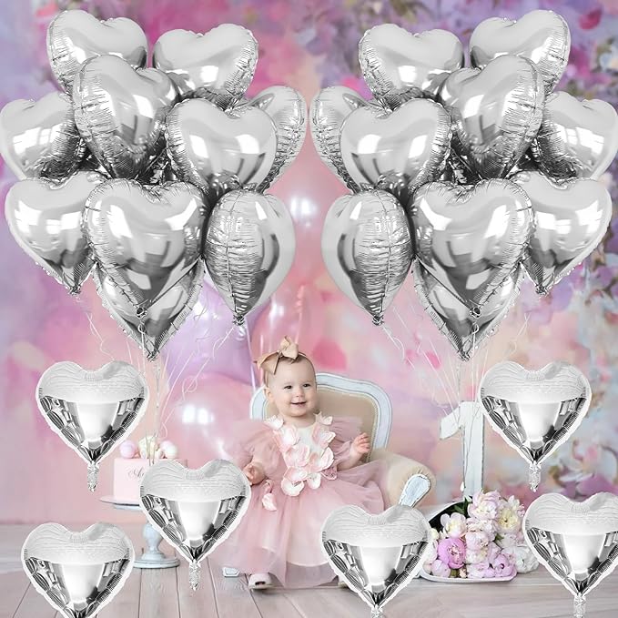 Silver Heart Foil Balloons, 10PCS 18Inch Mylar Balloons for Birthday, Valentine, Wedding, Baby, Graduation, New Year Party Decor