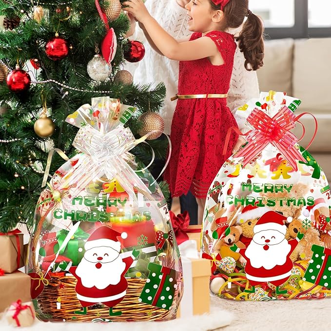 JJJMMM 10 Pcs Christmas Cellophane Baskets Gift Bags Large 16x24 inch with 10 pcs Pull Bows for Gift Wrapping Holiday Party Supplies (Christmas)