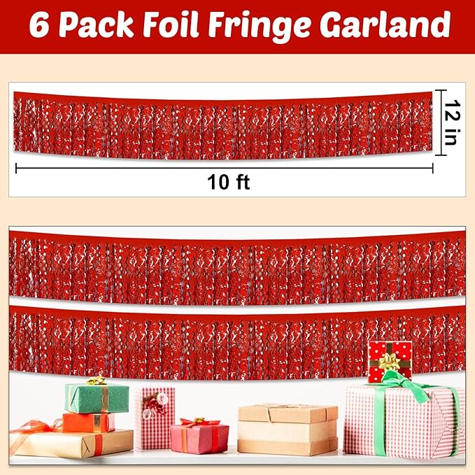 6 Pack 10 Feet Red Wave Foil Fringe Garland Metallic Tinsel Streamers Banner Wall Hanging Curtain Backdrop for Parade Floats, Mother's Day, Easter, Bachelorette, Wedding Party Decoration