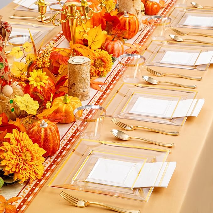 Festiva 350Pcs Clear Plastic Plates with Gold rim - Clear Gold Disposable Dinnerware for 50 Guests includeSquare Plastic Plates/Cups/Cutlery/Napkins Perfect for Thanksgiving Party&Wedding &Xmas