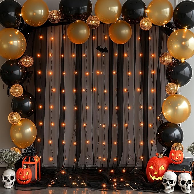 10ft x 8ft Black Backdrop Curtain with Lights String for Parties, Sheer Tulle Wedding Photo Backdrops Drapes for Baby Shower Birthday Party Decorations Background for Photography