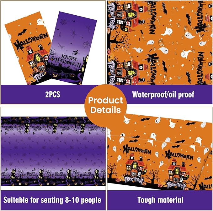 2 PCS Halloween Tablecloth Disposable Plastic - Spooky Plastic Table Cloths Purple Black & Orange Black with Scary Bat Ghost House Spiderweb Rectangular Table Cover for Party Decorations, 54"x108"