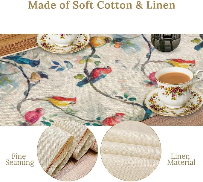 Birds Flowers Spring Table Runner,Watercolor Floral Leaves Seasonal Home Party Kitchen Dining Table Decoration 13x60 in