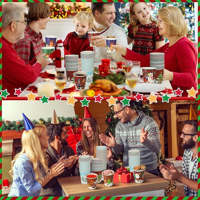 Zhehao 200 Pcs Christmas 9 oz Paper Cups Disposable Coffee Cups Santa Snowman Elk Disposable Hot Cups Xmas Party Drinkware Supplies for Holiday Tea Beverage Cocoa Cold Hot Drink (Xmas Tree Style)
