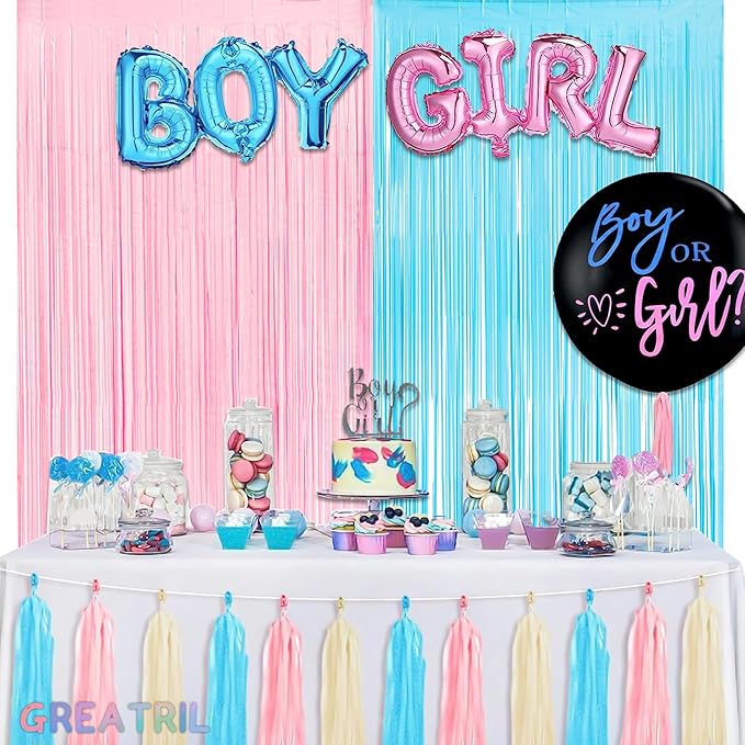 Pink and Blue Party Photo Backdrop - GREATRIL Foil Fringe Tinsel Streamers for Pastel/Easter/Birthdays Party Decorations - 3.2ft X 8.2ft - 2 Packs