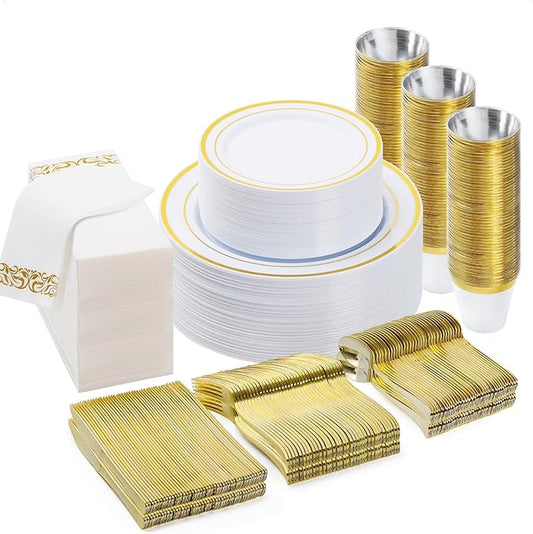 BESTVIP 350 PCS Gold Dinnerware Set for 50 Guests, Plastic Dinnerware Set for Party, Wedding, Christmas, Halloween, Include: 100 Plastic Plates, 50 Gold Silverware, 50 Cups, 50 Paper Napkins
