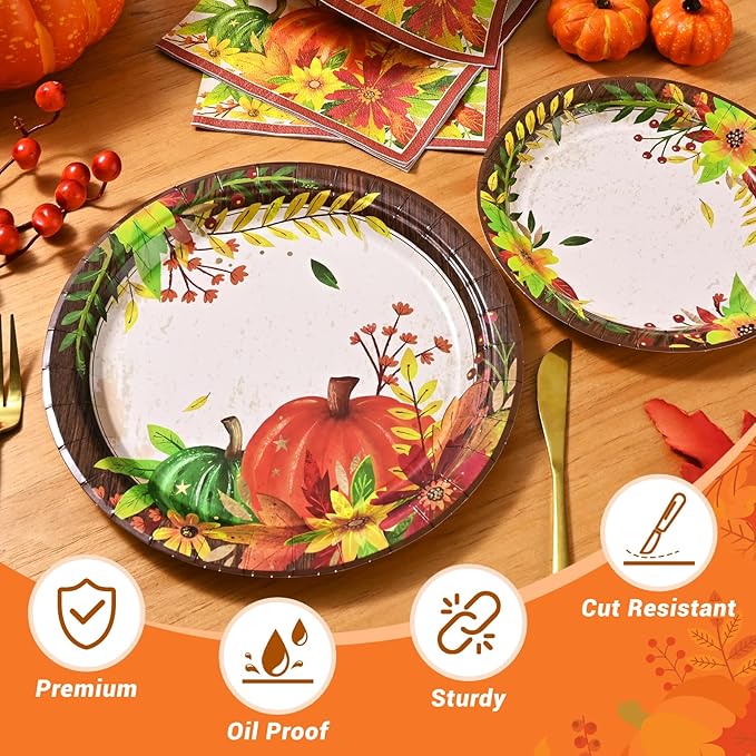 Homlouue 200 Pcs Fall Paper Plates and Napkins, Thanksgiving Plates and Napkins Sets, Fall Pumpkins Plate Disposable Party Supplies, Heavy Duty Thanksgiving Paper Plate Disposable (9" & 7" Plates)